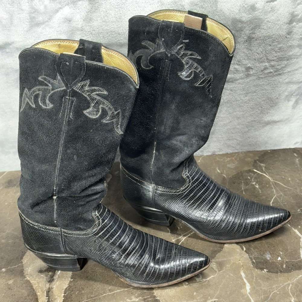 Justin Western Boots Women 5.5 Black Lizard Suede Embroidered Cowgirl K0815